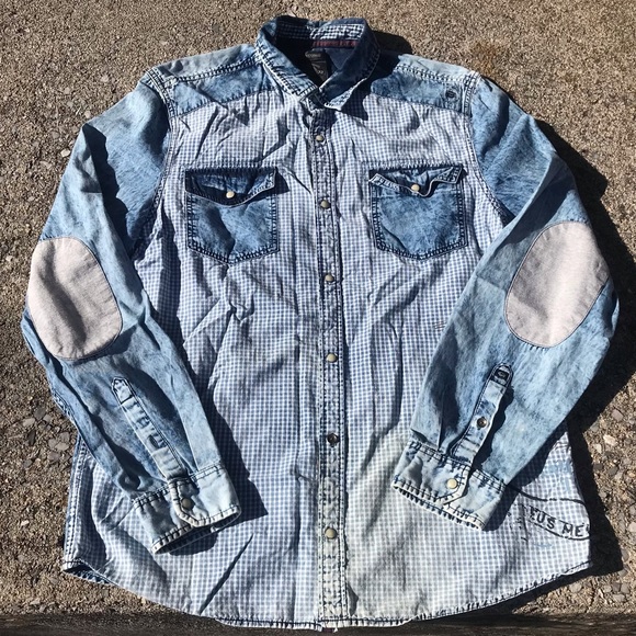Buffalo David Bitton Other - Buffalo David Britton Denim Shirt Pearl Snaps Distressed Elbow Patches Mens XL